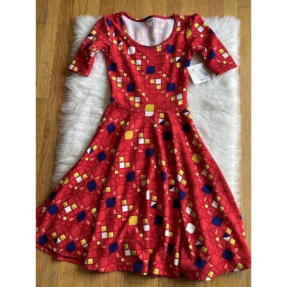 LuLaRoe Size XS Red Blue Yellow Print Nicole Dress Unicorn Rare NWT Bin S - Picture 2 of 9